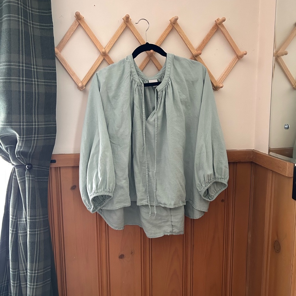 A New Day Green Linen Blend Blouse with 3/4 Sleeves and Mandarin Collar